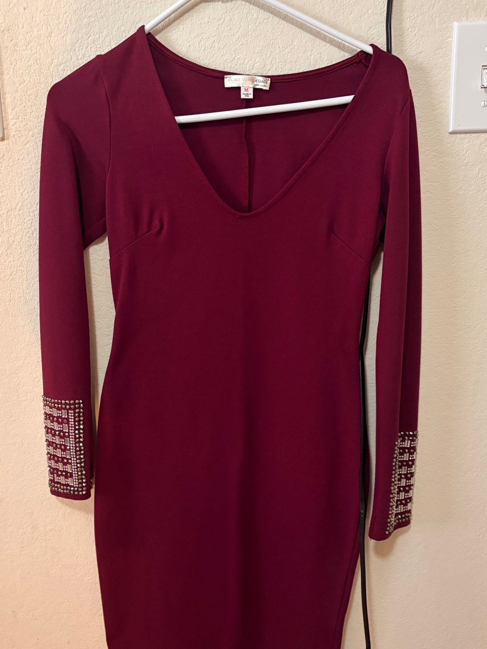 a'gaci Burgundy Long Sleeve Bodycon Dress with Jeweled Cuffs